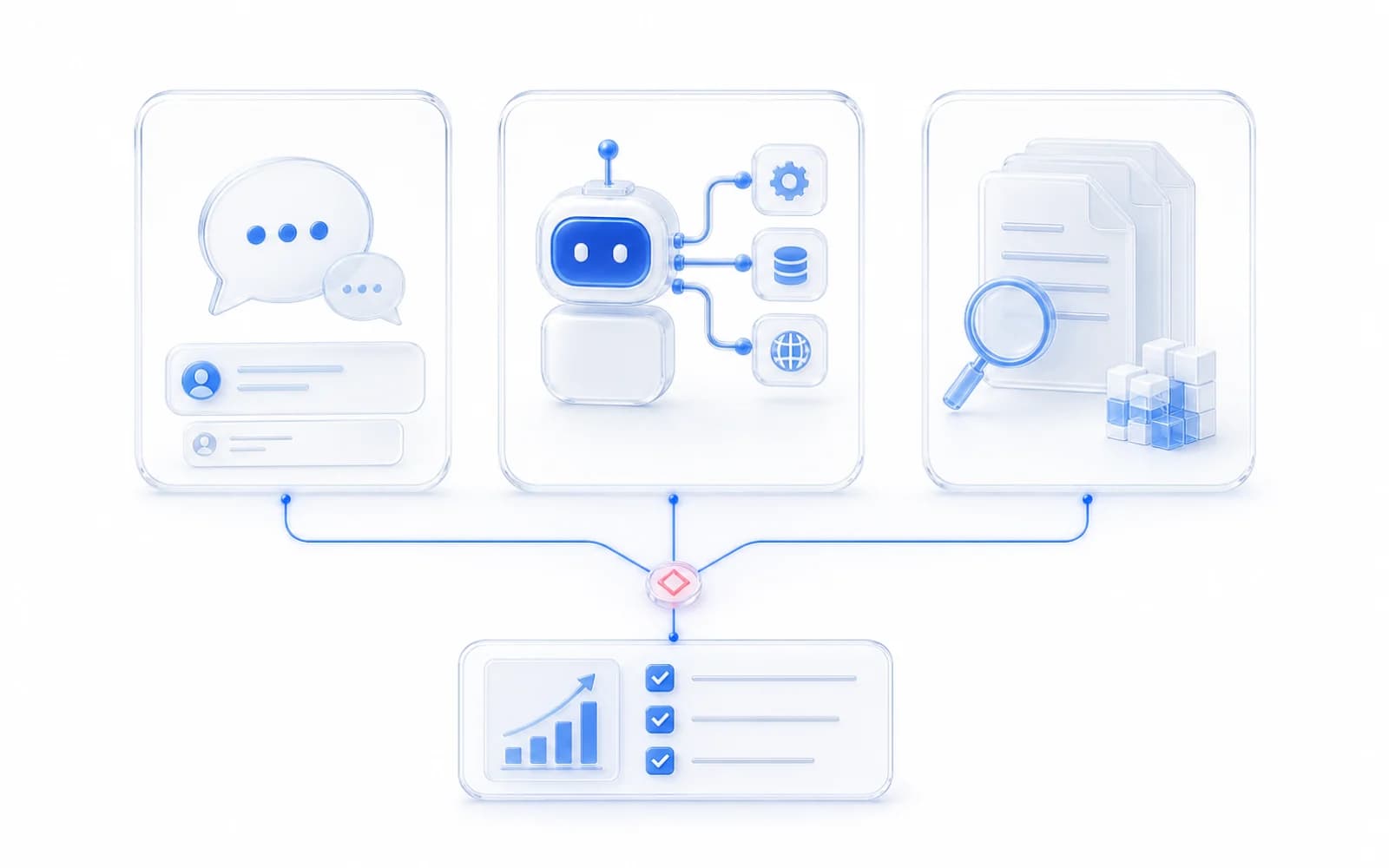 Белая техническая иллюстрация выбора между чат-ботом, AI-агентом и RAG-базой знаний