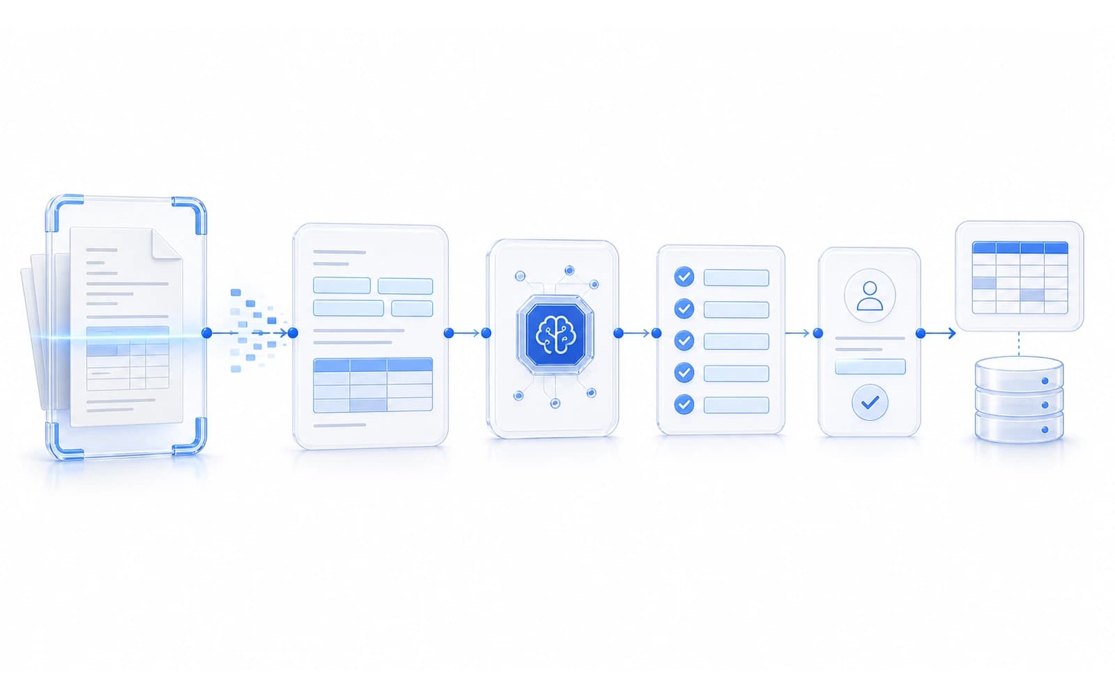 Белая техническая иллюстрация Document AI, OCR, проверки полей и экспорта
