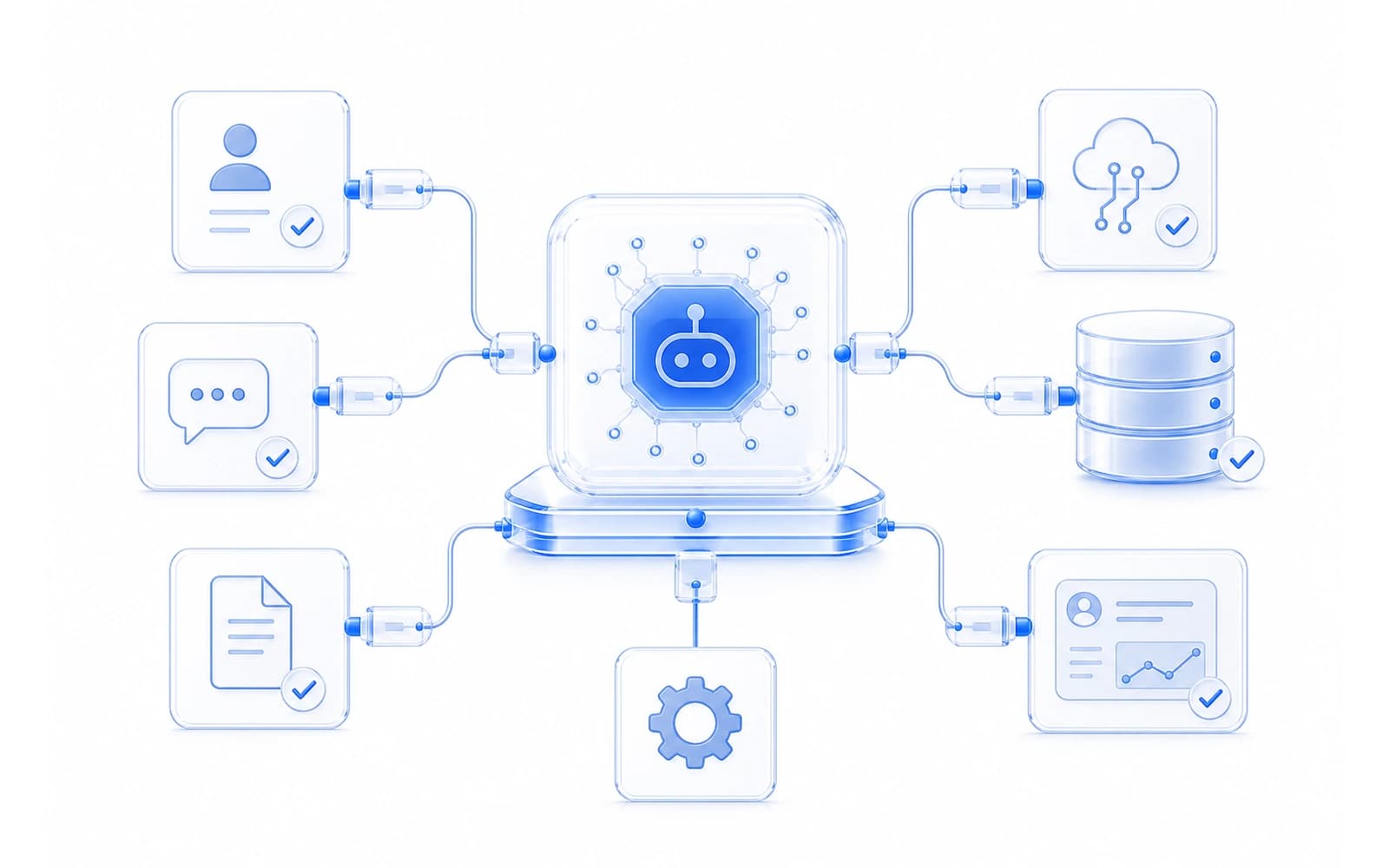 Белая техническая иллюстрация MCP и tool-интеграций с hub-and-spoke схемой