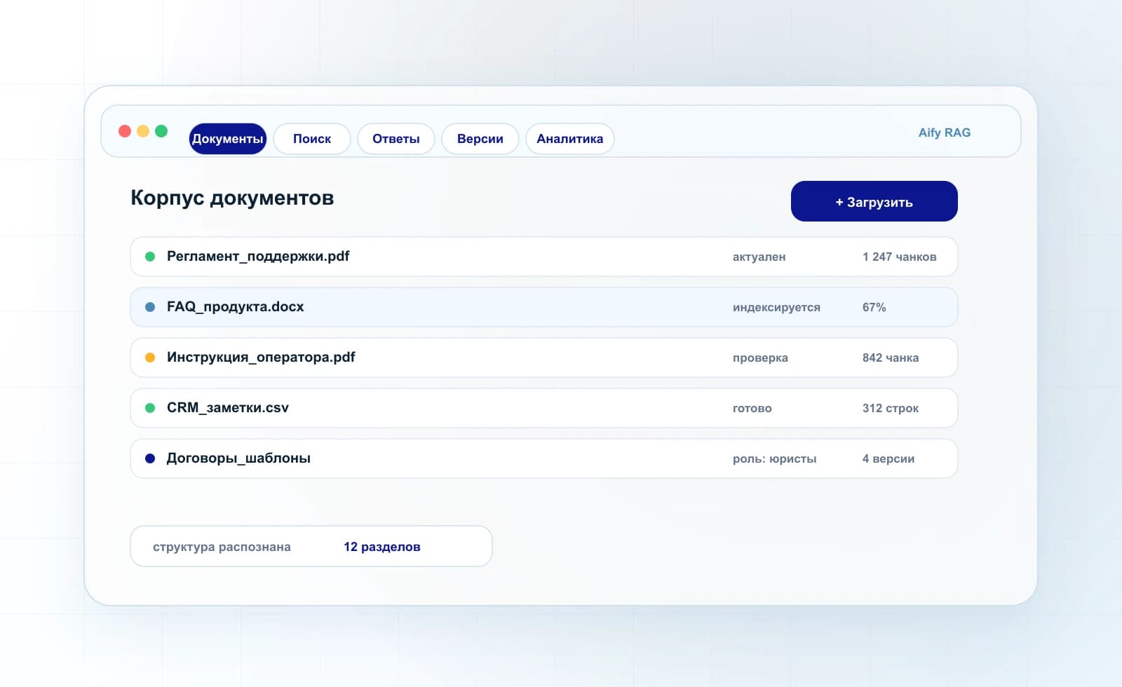 Интерфейс Aify RAG Platform: загрузка документов, статусы индексации и версии источников