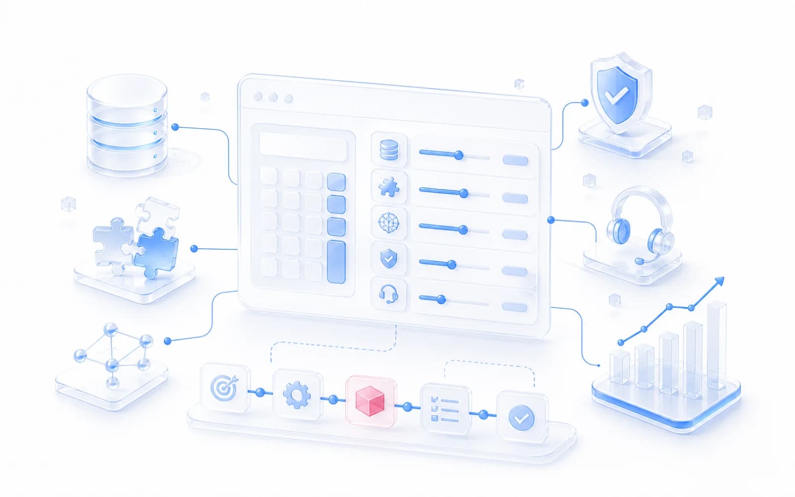 Белая техническая иллюстрация стоимости AI-проекта с калькулятором, интеграциями и ROI-графиком
