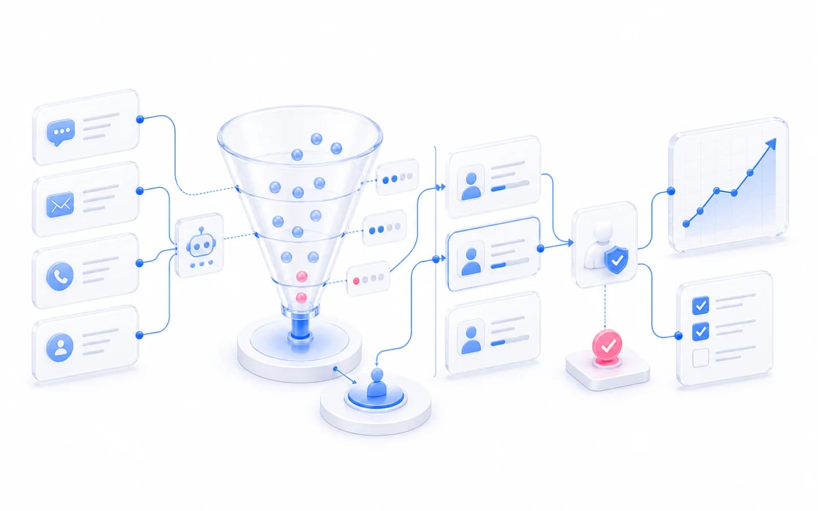Белая техническая иллюстрация AI SDR: лиды проходят через воронку, скоринг и CRM