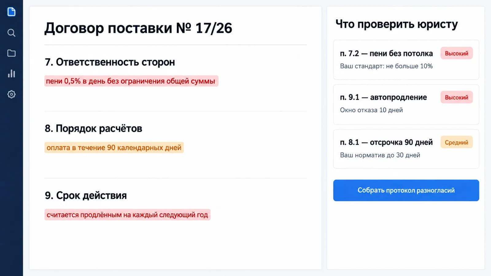 Проверка договора поставки: три рискованных пункта подсвечены в тексте и собраны для юриста