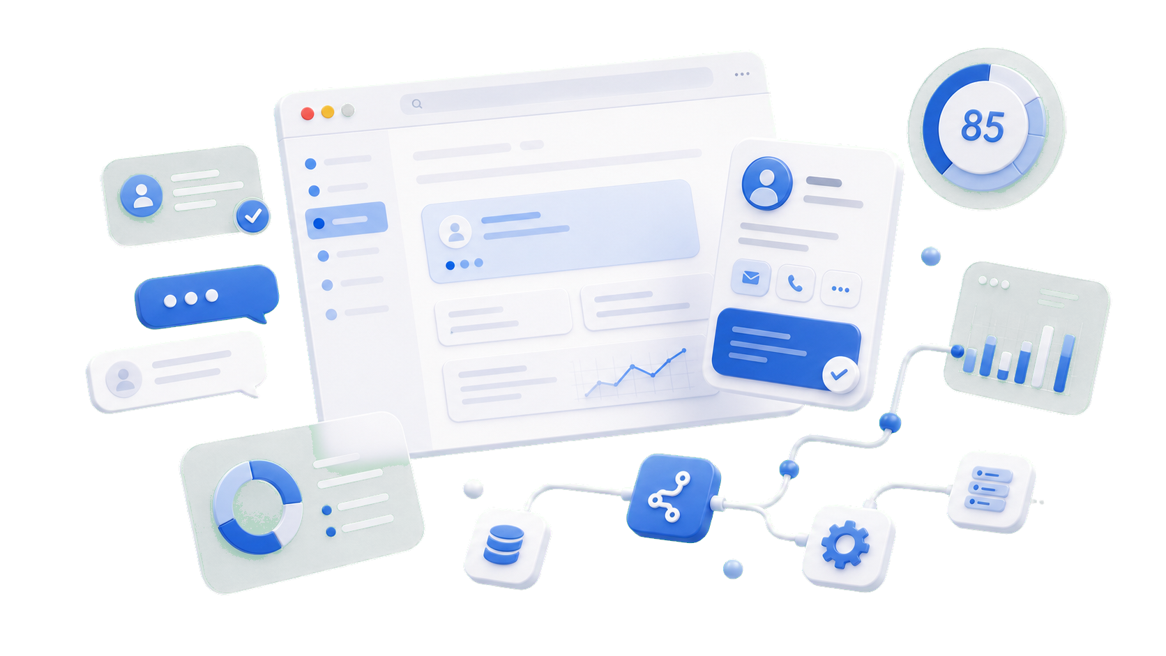 3D-схема B2B-лид-квалификации с сайтом, CRM и аналитикой