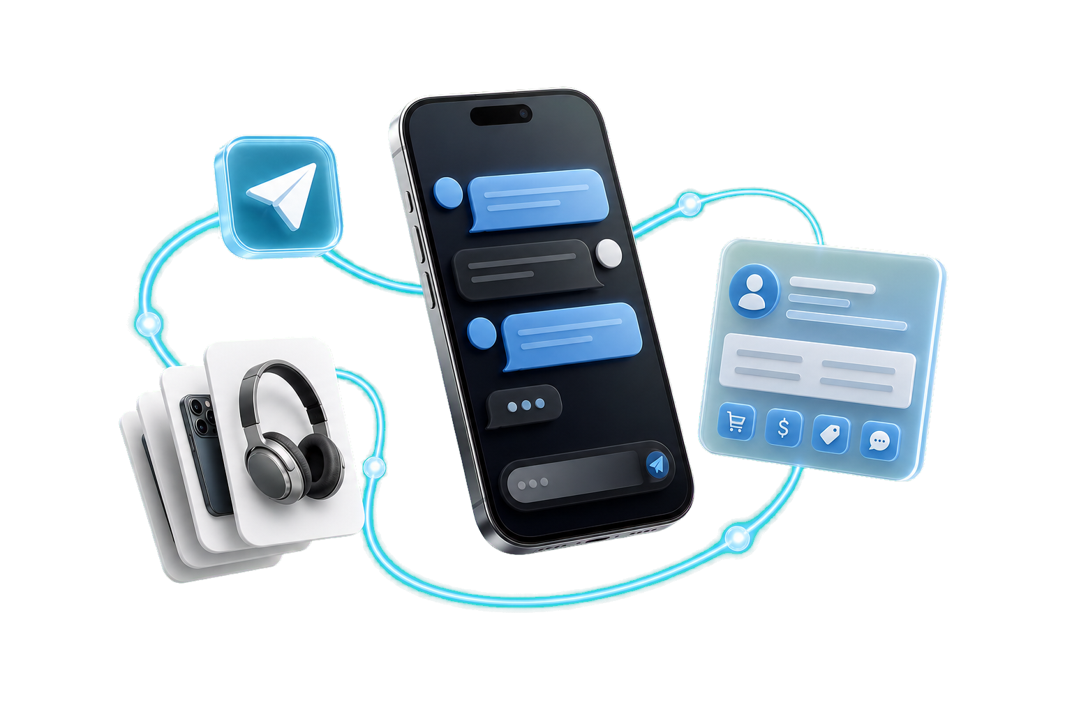 3D-сцена Telegram-консьержа: чат, товары, CRM и заказ