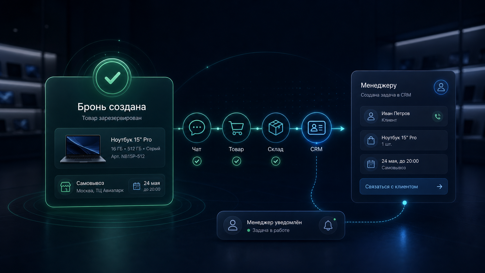 4. Создаём бронь и CRM-задачу