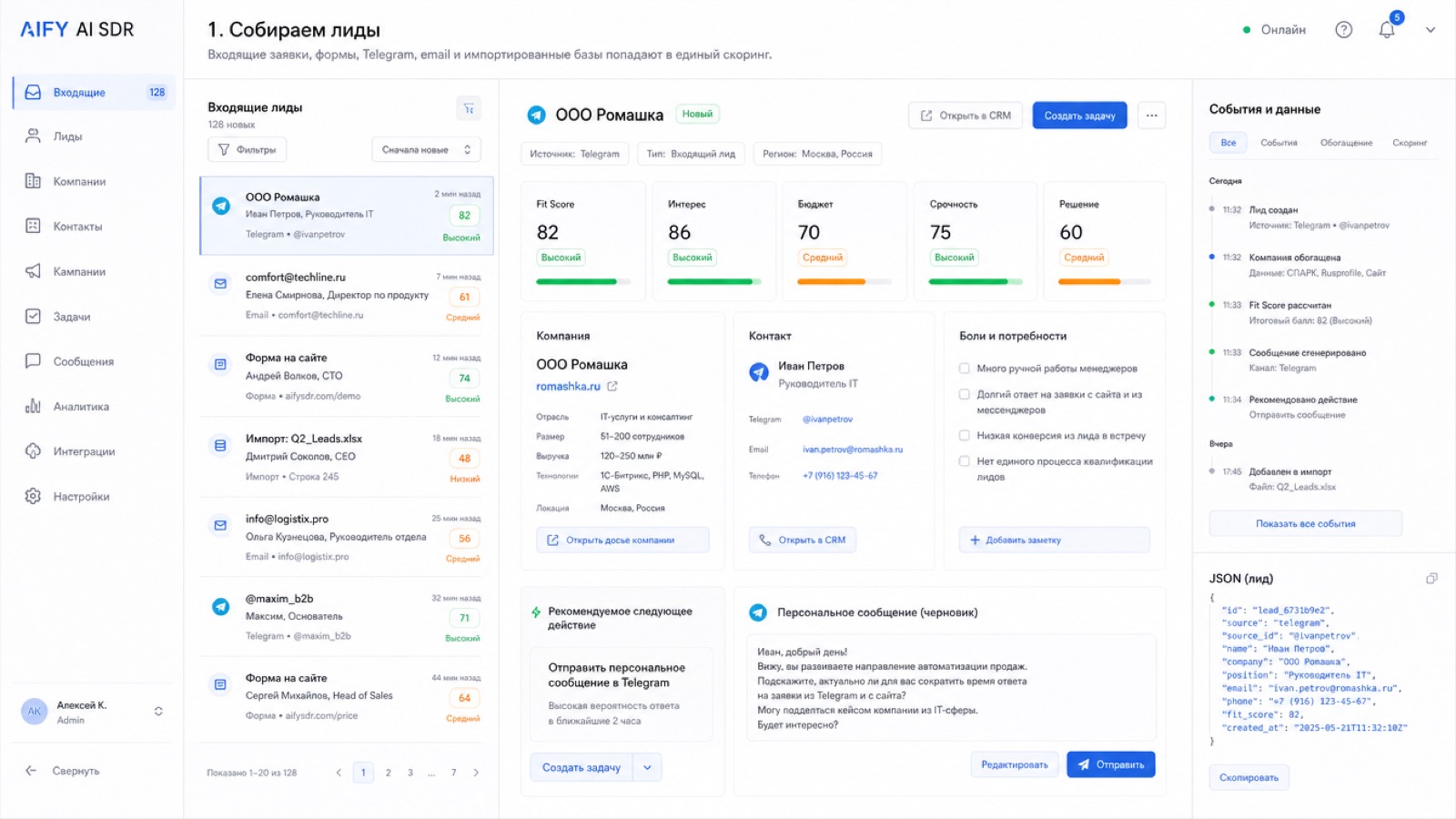 Входящие заявки, формы, Telegram, email и импортированные базы попадают в единый скоринг.