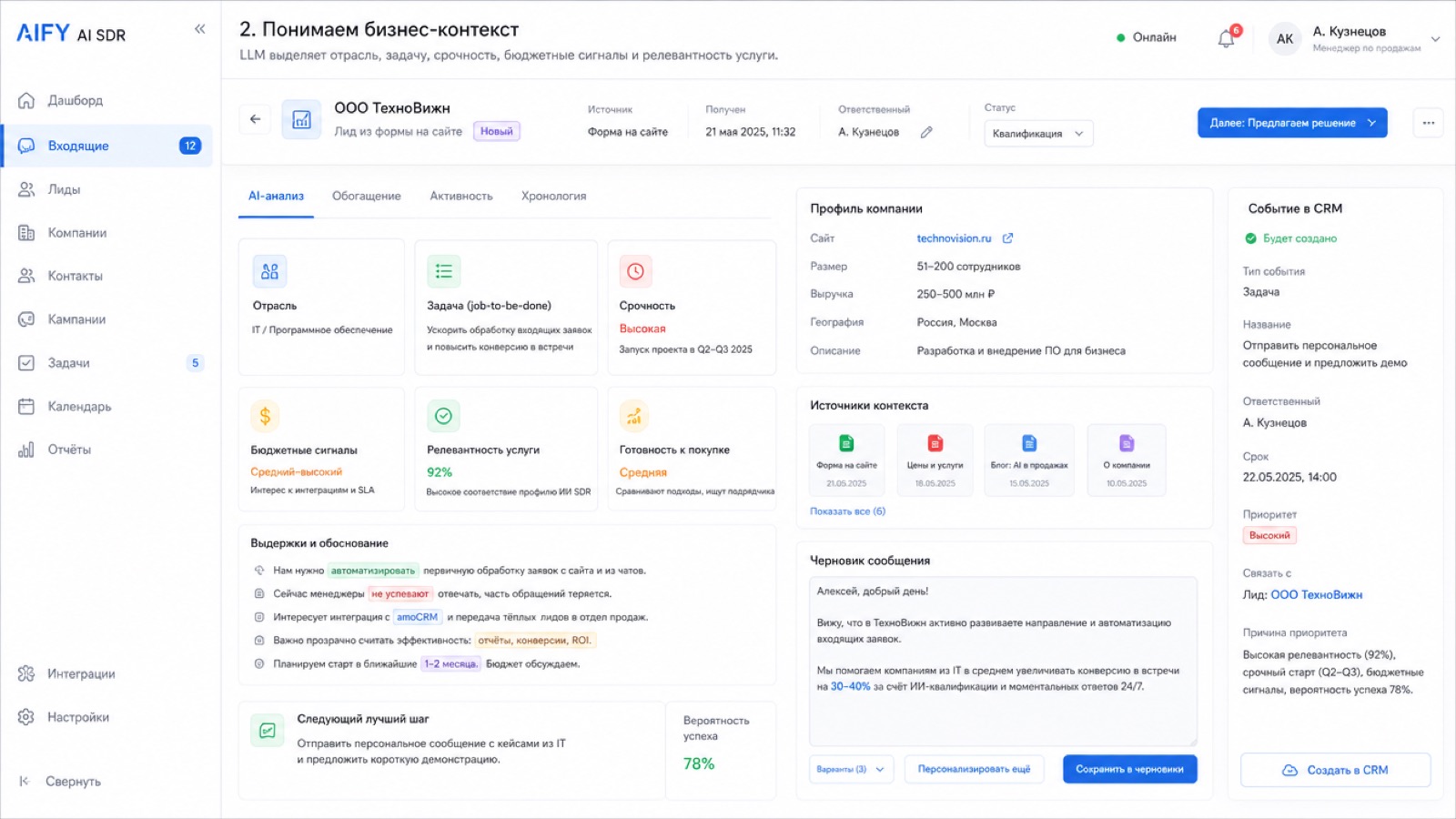 LLM выделяет отрасль, задачу, срочность, бюджетные сигналы и релевантность услуги.